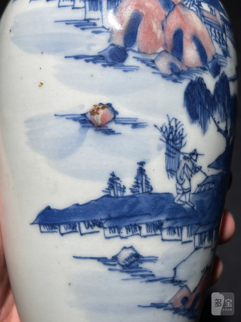 清晚期 青花釉里红山水纹柳叶瓶 - 图8